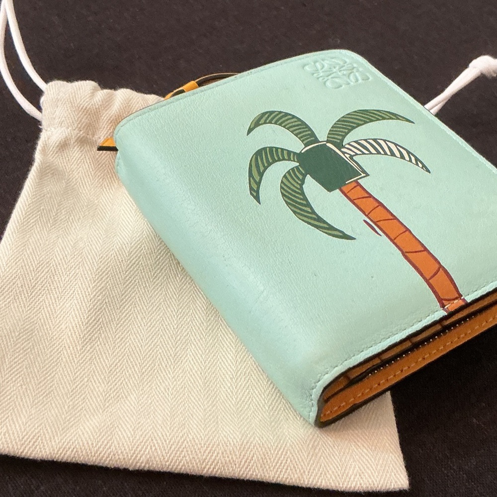 Loewe Mint Green Palm Tree Bifold Wallet with Tan Trim